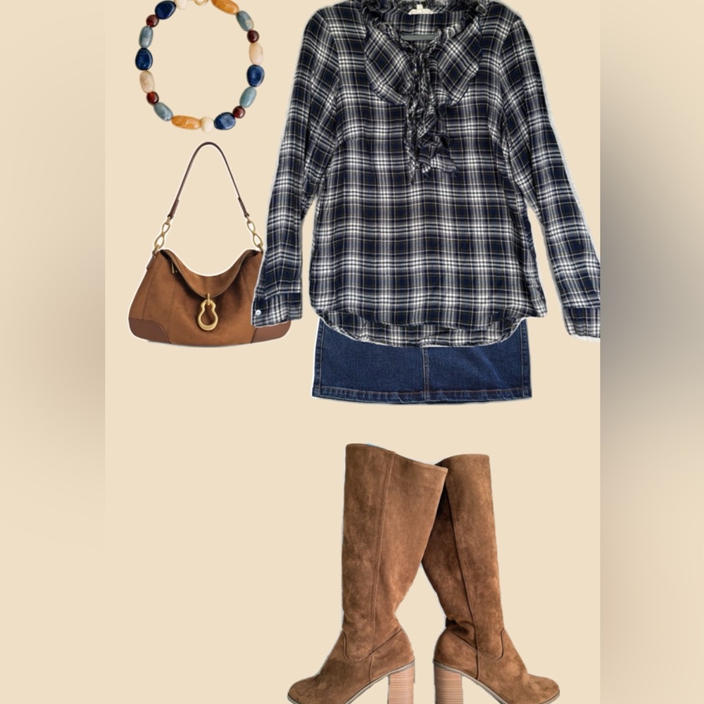 Jane and Delancey Ruffled Blouse Womens Top‎ Sz Medium Plaid Boho Chic Western